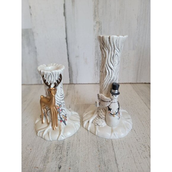 Fitz Floyd wintry Woods candle stick deer snowman holder set reindeer - Picture 2 of 9